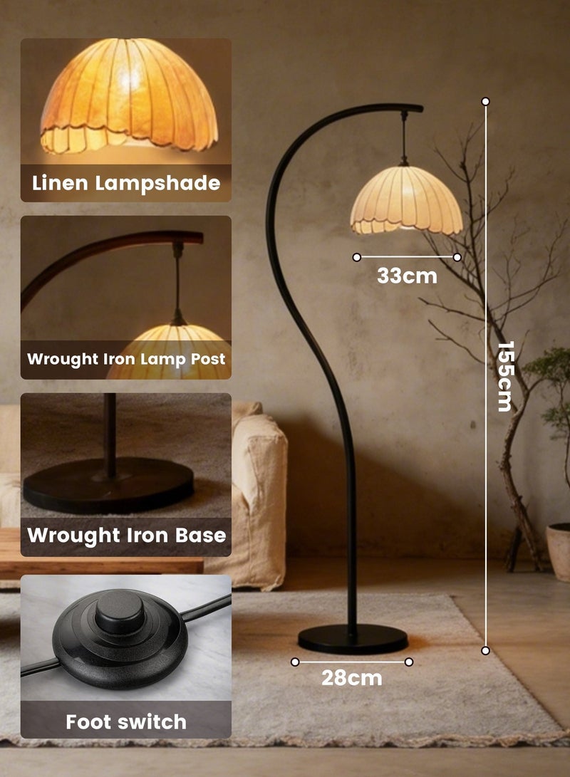 LED Floor Lamp, 12W S-Shaped Crescent Floor Lamp with Remote Control and Foot Switch, Bohemian Style Fabric Lampshade, Suitable for Living Room, Bedroom, and Hotel, Black - Image 2